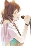  1girl aji_(eatfishfly) animal_ears brown_hair dog_ears guitar highres instrument inui_toko long_hair microphone_stand music nijisanji off-shoulder_shirt off_shoulder shirt simple_background singing solo virtual_youtuber white_background white_shirt yellow_eyes 