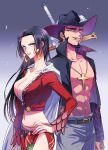  1boy 1girl abs beard black_hair blue_eyes boa_hancock commentary_request cross cross_necklace dracule_mihawk earrings facial_hair hat hat_feather highres jewelry kitami_(crotti) latin_cross long_hair looking_at_viewer mustache navel necklace one_piece open_clothes short_hair sideburns snake_earrings sword sword_behind_back teeth weapon yellow_eyes yoru_(sword) 
