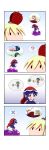  ? absurdres bed_sheet blonde_hair capelet cherry_blossoms crescent_moon doremy_sweet dress food fruit futon giant giantess green_hair hat highres kasodani_kyouko lily_white moon nightcap oversized_food oversized_object pom_pom_(clothes) purple_capelet rakugaki-biyori skirt speech_bubble spoken_character spoken_question_mark spoken_x strawberry touhou white_dress white_skirt yawning 