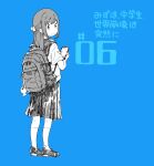  1girl bag blue_background copyright_request facing_away greyscale greyscale_with_colored_background hair_ornament highres holding holding_phone karaagetarou keychain long_hair looking_at_viewer monochrome numbered phone sad school_uniform serafuku shoes short_sleeves sidelocks simple_background skirt socks solo translation_request 