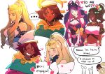  ... 2boys 5girls absurdres alfred_(fire_emblem) bare_shoulders blonde_hair blush breasts brown_hair celine_(fire_emblem) cleavage closed_eyes crop_top dark-skinned_female dark-skinned_male dark_skin dress earrings elbow_gloves eyelashes fascinator fire_emblem fire_emblem_engage flower fogado_(fire_emblem) gloves hair_flower hair_ornament hat heart highres ivy_(fire_emblem) jewelry long_hair midriff multiple_boys multiple_girls multiple_views navel open_mouth ponytail purple_hair queen_eve seforia_(fire_emblem) short_hair shynrinn smile speech_bubble thumbs_up timerra_(fire_emblem) very_long_hair white_background white_eyes white_gloves white_headwear yuri 