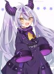  1girl absurdres ahoge alternate_hairstyle ascot black_horns braid braided_bangs collar fangs grey_hair highres hololive horns la+_darknesss la+_darknesss_(1st_costume) long_hair looking_at_viewer metal_collar multicolored_hair naka o-ring open_mouth pointy_ears purple_hair sleeves_past_fingers sleeves_past_wrists solo streaked_hair striped_horns twintails virtual_youtuber yellow_ascot yellow_eyes 