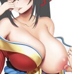  1girl abukobato azur_lane black_hair breasts highres huge_breasts huge_nipples japanese_clothes jewelry kimono licking licking_finger long_hair nipples one_breast_out red_kimono ring simple_background solo taihou_(azur_lane) tongue tongue_out unfinished upper_body very_long_hair wedding_ring white_background 