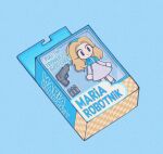  1girl blonde_hair blue_background box bullet character_doll character_name closed_mouth commentary dress english_commentary english_text film_grain highres long_hair maria_robotnik merry_bongbong simple_background smile sonic_(series) toy toy_gun 