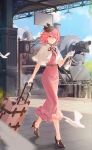  1girl absurdres bag bai_ou_(crazy_ones) bird blue_sky breasts cloud crazy_ones dress handbag high_heels highres long_dress medium_breasts official_art pink_dress pink_eyes pink_hair short_hair sky solo stiletto_heels train train_station walking 