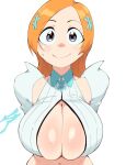  1girl aetherion belly bleach bleach:_the_thousand-year_blood_war breasts cleavage grey_eyes highres inoue_orihime large_breasts long_hair orange_hair smile white_background 