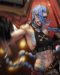  1girl abs arcane:_league_of_legends arcane_jinx arm_tattoo ayaki_d black_gloves blue_eyes blue_hair braid breast_tattoo breasts cloud_tattoo commentary crop_top crying crying_with_eyes_open english_commentary fingerless_gloves gloves hair_over_one_eye halterneck highres jinx_(league_of_legends) league_of_legends lips long_hair low_twin_braids lowleg lowleg_pants midriff motion_blur navel no_bra pants punching shoulder_tattoo sideboob small_breasts solo stomach_tattoo sweat tattoo tears teeth toned twin_braids very_long_hair 