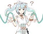  ? afterimage bare_shoulders blue_hair closed_mouth collarbone dress faruzan_(genshin_impact) genshin_impact green_eyes hair_ornament hands_up kooan long_hair puffy_short_sleeves puffy_sleeves short_sleeves simple_background smile twintails white_background white_dress x_hair_ornament 