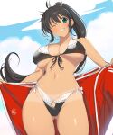  1girl artist_name ass_visible_through_thighs bare_shoulders bikini black_hair blue_eyes blush bow bowtie breasts commentary_request head_tilt highleg highleg_bikini highres homura_(senran_kagura) large_breasts lips long_hair looking_at_viewer navel one_eye_closed parted_lips ponytail senran_kagura signature simple_background solo stomach swimsuit tan tanlines teeth thighs yaegashi_nan 