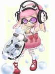  1girl artist_name bloblobber_(splatoon) border commentary_request dress frilled_dress frills gloves headphones highres holding holding_weapon inkling inkling_girl mina_p pink_dress pink_hair puffy_sleeves purple_eyes red_footwear shoes short_hair short_sleeves simple_background smile soap_bubbles solo splatoon_(series) splatoon_3 weapon white_border white_gloves white_sleeves yellow_background 