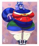  ahoge ailurid anthro bao_azalea belly big_belly big_breasts big_butt blue_body blue_fur blue_hair blush breasts butt chocend clothing female fur gift_box hair hands_behind_back hi_res huge_breasts huge_butt jacket legwear mammal permaberry red_panda smile solo stretched_clothing thick_thighs thigh_highs topwear wide_hips 