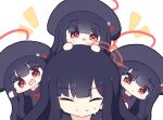  4girls black_hair black_headwear black_sailor_collar black_shirt blue_archive blunt_bangs blush_stickers chibi closed_mouth hair_ornament hairclip halo hands_on_another&#039;s_head hands_up hat ichika_(blue_archive) justice_task_force_member_(blue_archive) long_hair long_sleeves looking_at_viewer multiple_girls no_nose open_mouth parted_lips red_eyes red_halo sailor_collar shirt smile umihio upper_body 