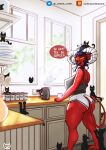  anthro back_muscles barefoot beverage big_breasts big_butt black_body black_fur breasts butt coffee cooking demon domestic_cat feet felid feline felis female fur hair hi_res horn humanoid kettle kitchen leopard lili_(umbraunderscore) mammal messy_hair morning pantherine raised_tail red_body red_fur solo succubus tail tea thick_thighs umbraunderscore wide_hips 