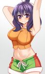  1girl ao_no_kiseki armpits arms_up bare_arms bare_shoulders blush breasts commentary_request cowboy_shot crop_top eiyuu_densetsu gradient_background grey_background grin highres kirby_lord large_breasts long_hair looking_at_viewer midriff navel orange_shirt purple_eyes purple_hair rixia_mao shirt short_shorts shorts sleeveless sleeveless_shirt smile solo standing stomach 