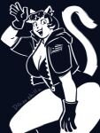  anthro big_breasts black_and_white breasts catty_(undertale) cleavage clothed clothing dracozhilla eyewear felid feline female gesture gloves handwear hi_res humanoid jacket leaning leaning_forward mammal monochrome one-piece_swimsuit solo sunglasses swimwear tail topwear undertale undertale_(series) waving 