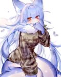  1girl blue_hair blush character_request check_character closed_mouth fur_collar furry furry_female heterochromia long_hair orange_eyes original red_eyes simple_background solo sweater usa37107692 white_background 