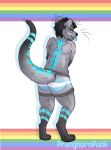  ambiguous_gender andromorph anthro blue_eyes blue_glow blue_markings bottomwear butt clothed clothing demiboy_pride_colors digital_media_(artwork) domestic_ferret fangs fur grey_body grey_fur hair hi_res hybrid intersex lgbt_pride looking_at_viewer mammal markings mustelid musteline nonbinary_(lore) otter paws pride_colors pronghornpunk rainbow shorts simple_background smile solo solo_focus tail teeth text tongue tongue_out true_musteline weasel 