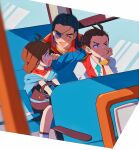  1girl 2boys :d ace_attorney annoyed antenna_hair apollo_justice aqua_necktie black_dress black_hair blue_cape blue_eyes blue_shirt bracelet brooch brown_eyes brown_hair bus_interior cape closed_eyes collared_shirt dhurke_sahdmadhi dress eyepatch facial_mark forehead_mark forked_eyebrows grgrton hand_on_own_chin happy high_collar jewelry lapels long_sleeves looking_at_another medium_hair multiple_boys necktie one_eye_covered profile red_scarf red_vest scarf shirt short_dress short_hair smile trucy_wright vest white_shirt window 