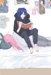  2girls aged_up black_hoodie bocchi_the_rock! gotou_hitori hair_tie highres hood hoodie long_hair meitounonasubi mole mole_under_eye multiple_girls on_bed pink_hair reading simple_background sitting sitting_on_person sleeping smoking yamada_ryou yellow_eyes 