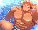  1boy abs animal_ears bara brown_eyes brown_hair brown_male_swimwear bulge cow_boy cow_ears cow_horns dark-skinned_male dark_skin facial_hair fiery_horns forked_eyebrows glowing_horns goatee highres horns large_pectorals leoandaslan_(leobongnana) looking_up male_focus male_swimwear muscular muscular_male nipples one_eye_closed partially_submerged pectorals salute short_hair sitting solo sparkling_eyes spiked_hair stomach sunlight thick_eyebrows thick_thighs thighs tokyo_afterschool_summoners topless_male vulcan_salute wakan_tanka wet 