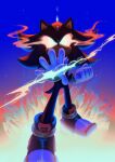  1boy absurdres animal_ears black_fur blue_background body_fur clenched_hand closed_mouth crystal furry gloves glowing glowing_eyes grabbing gradient_background highres lightning no_pupils outstretched_arm shadow_the_hedgehog smoke sonic_(series) spacecolonie standing tail white_gloves 