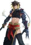  1boy albel_nox armor blonde_hair brown_hair crop_top gloves holding holding_sword holding_weapon indesign looking_at_viewer male_focus midriff multicolored_hair muscular muscular_male red_eyes shoulder_armor simple_background solo star_ocean star_ocean_till_the_end_of_time sword thighhighs weapon white_background 