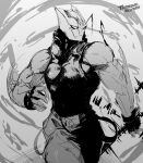  antennae bara fingerless_gloves furry furry_male gloves greyscale highres kekkai_sensen male_focus monochrome muscular muscular_male pectorals signature sleeveless sleeveless_turtleneck solo tamazukiyama turtleneck zed_o&#039;_brien 