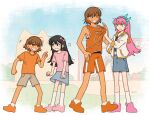  1boy 1girl age_progression aubrey_(omori) black_eyes black_hair blue_eyes blue_skirt bow brown_eyes brown_hair brown_shorts crop_top dark-skinned_male dark_skin denim denim_skirt grin hair_bow hairband highres jacket kel_(omori) long_hair long_sleeves omori open_mouth orange_footwear orange_shirt orange_shorts parted_lips pink_bow pink_footwear pink_hair pink_shirt shirt shoes short_hair short_sleeves shorts skirt smile sneakers socks teeth twitter_username ud01f white_jacket white_socks 