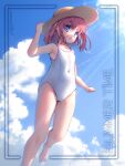  1girl absurdres barefoot blue_eyes blue_sky cloud competition_school_swimsuit covered_navel hat highres light_rays one-piece_swimsuit open_mouth original red_hair round_teeth school_swimsuit short_hair sky smile solo straw_hat sun_hat sunbeam sunlight swimsuit teeth upper_teeth_only white_one-piece_swimsuit zet_(globalgears) 
