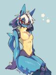  accessory anthro blue_body blue_fur breasts chest_spike featureless_breasts female fur generation_4_pokemon hair hair_accessory hand_spike hi_res lucario masvino nintendo nude pokemon pokemon_(species) red_eyes simple_background sitting solo spikes spikes_(anatomy) tan_body tan_fur tomboy white_hair 