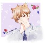  1boy animal_ears aza-koi blue_necktie blue_shirt border bright_pupils brown_eyes brown_hair cat_boy cat_day cat_ears collared_shirt colored_text commentary_request covering_mouth cropped_torso crossed_bangs dated diamond-shaped_pupils diamond_(shape) fingernails flower gradient_hair hair_between_eyes hands_over_own_mouth highres jewelry kurachi_yone lavender_background leaf long_sleeves looking_at_viewer male_focus moji_haruki multicolored_hair necktie outside_border plaid_necktie red_flower red_rose ring rose shirt short_hair solo steepled_fingers symbol-shaped_pupils traditional_media white_border white_flower white_pupils 