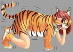  all_fours black_body black_fur claws edmol fangs female feral fur fur_growth growth hair human mammal markings nude open_mouth orange_body orange_fur simple_background solo striped_body striped_markings stripes teeth toe_claws transformation white_body white_fur 