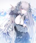  1girl absurdres azur_lane black_bow black_dress bow breasts choker collarbone controlline3 dress flower formidable_(azur_lane) frilled_dress frills grey_hair hair_bow hair_flowing_over highres large_breasts long_hair long_sleeves looking_at_viewer one_eye_closed reaching_towards_viewer red_eyes skirt_hold smile solo twintails very_long_hair white_flower 