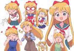  1girl aino_minako animal artemis_(sailor_moon) bishoujo_senshi_sailor_moon blonde_hair blue_eyes blue_hair blue_sailor_collar blue_skirt bow cat heart long_hair looking_at_viewer magical_girl open_mouth overalls ponytail red_bow sailor_collar sailor_moon sailor_senshi_uniform sailor_v sailor_venus simple_background skirt tsubobot tsukino_usagi white_background white_cat 