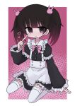  1girl apron black_dress black_hair blue_eyes blunt_bangs blush bow bowtie closed_mouth dress frilled_apron frills highres kanikan long_sleeves original pink_background pink_bow pink_bowtie pink_eyes sitting solo thighhighs twintails wariza white_thighhighs 