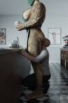  alien apron apron_only breasts claws clothing container cup digital_media_(artwork) duo female hair hang_in_there hi_res human looking_at_viewer male male/female mammal mask nipples pen predator_(franchise) sandreiio starbucks yautja 