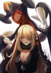  1girl artist_name black_coat black_sclera blonde_hair blue_skin breasts claws cleavage coat colored_sclera colored_skin cynthia_(pokemon) dragon dukkoart fangs fur-trimmed_coat fur-trimmed_sleeves fur_collar fur_trim garchomp grey_eyes hair_ornament hair_over_one_eye hammerhead_shark large_breasts long_hair long_sleeves long_tail multicolored_skin pokemon pokemon_(creature) pokemon_(game) pokemon_dppt red_skin shark signature tail two-tone_skin yellow_eyes 