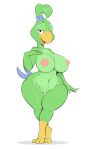  2023 absurd_res anthro areola avian big_areola big_breasts big_nipples bird breasts feathers female genitals green_body green_feathers hi_res huge_areola huge_breasts huge_nipples looking_at_viewer navel nipples nude open_mouth open_smile pussy simple_background smile smiling_at_viewer solo standing usnarbit 