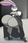  anthro big_breasts big_butt breasts butt clothing dress female footwear grey_body hi_res high_heels huge_breasts huge_butt lagomorph leporid looking_at_viewer looking_back mammal rabbit red_eyes solo tansau 