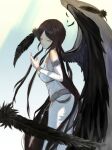  1girl absurdres armlet bare_shoulders black_feathers black_hair black_wings breasts chain closed_eyes detached_sleeves dress feathered_wings feathers hand_up highres long_hair long_sleeves mabinogi medium_breasts morrighan namu_(namuuuuuu1224) parted_bangs parted_lips solo standing very_long_hair white_dress white_sleeves wings wristlet 