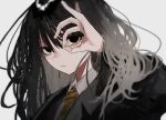  1girl absurdres black_eyes black_hair closed_mouth hair_between_eyes highres looking_at_viewer necktie ok_sign ok_sign_over_eye original pikuson simple_background solo yellow_necktie 