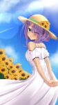  1girl :p absurdres arms_behind_back back bare_shoulders blue_sky blush cafe_stella_to_shinigami_no_chou closed_mouth commentary cowboy_shot day dress eyelashes eyes_visible_through_hair fingernails flower from_side green_eyes hair_over_one_eye hair_over_shoulder hat hat_flower head_tilt highres hiuchidani_mei lens_flare long_dress looking_at_viewer looking_back one_eye_closed outdoors own_hands_together puffy_short_sleeves puffy_sleeves purple_hair reiji_tsukimi short_hair_with_long_locks short_sleeves sky smile solo standing straw_hat summer sundress sunflower tan tongue tongue_out white_dress 