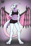  anthro athletic athletic_anthro blackinkwolf bra breasts claws clothed clothing digital_media_(artwork) dragon female hi_res horn looking_at_viewer membrane_(anatomy) membranous_wings muscular paws scalie simple_background smile solo sports_bra tail underwear western_dragon wings 