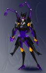  1girl airachnid annpar2009 armor black_panties breasts colored_skin high_heels highres horns humanoid_robot medium_breasts panties purple_eyes purple_skin robot shoulder_armor simple_background solo transformers transformers_animated transformers_prime underwear 