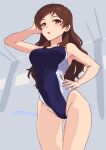  1girl black_one-piece_swimsuit breasts brown_eyes brown_hair competition_swimsuit hand_on_own_hip highres idolmaster idolmaster_million_live! kamille_(vcx68) kitazawa_shiho looking_at_viewer medium_breasts one-piece_swimsuit solo swimsuit wavy_hair 