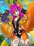  2018 4_arms absurd_res anthro arachnid arthropod beach biped black_hair black_markings breasts cellphone chest_tuft claws clothed clothing countershade_face countershade_torso countershading day dipstick_ears duo ear_tuft eyewear female female_focus fluffy fluffy_tail glasses grey_body hair hi_res holding_cellphone holding_object holding_phone inner_ear_fluff leg_markings looking_at_viewer lunora machinewithsoul male mammal markings multi_arm multi_eye multi_limb multicolored_body multicolored_ears one-piece_swimsuit one_eye_closed orange_body outside palm_tree phone pink_hair plant red_eyes rodent sciurid sea seaside selfie sharp_teeth short_hair small_breasts smile socks_(marking) solo_focus spider standing swimming_trunks swimwear tail taking_selfie teeth tongue tongue_out tree tree_squirrel tuft two_tone_body water white_body white_markings 