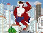  anthro bulge canid canine city city_destruction fox growth iliakitsune macro male mammal muscular size size_growth 