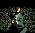  1boy ^_^ aqua_jacket bags_under_eyes black_background black_hakama blending brown_hair closed_eyes cowboy_shot facing_to_the_side facing_viewer fate/grand_order fate_(series) flower from_side hair_over_one_eye hair_pulled_back hakama hand_on_hilt haori jacket japanese_clothes katana kimono leaf male_focus ooba orange_flower osmanthus sheath sheathed shinsengumi short_hair smile solo standing sword weapon white_kimono yamanami_keisuke_(fate) 