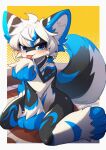  2022 3_fingers 4_toes ahoge ambiguous_gender anthro arm_markings arm_tuft belly belly_markings big_ears big_feet big_tail biped black_body black_ears black_fur black_nose black_pupils black_tail blue_body blue_ear_tips blue_ears blue_eyes blue_fur blue_hair blue_highlights blue_markings blue_tail blue_tail_tip blush canid canine cheek_tuft colored digital_media_(artwork) dipstick_ears dipstick_tail ear_markings elbow_tuft facial_tuft feet fingers fluffy fluffy_tail foot_tuft front_view full-length_portrait fur glistening glistening_body glistening_fur hair hand_tuft hi_res highlights_(coloring) inner_ear_fluff kemono kotoba_(1074421015) leg_markings licking looking_at_viewer mammal markings multi_tone_fur multicolored_body multicolored_ears multicolored_fur multicolored_hair multicolored_tail neckerchief nude pawpads paws personal_grooming pink_pawpads pink_tongue portrait pupils self_lick shaded short_hair shoulder_tuft simple_background sitting smile socks_(marking) solo tail tail_markings thick_tail three-quarter_view toes tongue tongue_out tuft two_tone_hair white_body white_ears white_fur white_hair white_inner_ear white_inner_ear_fluff white_tail wide_hips wrist_tuft yellow_background 