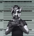  5_fingers angry anthro barbie_and_ken_mugshot_meme black_hair clothing digital_media_(artwork) english_text equid equine fingers fur grey_body grey_fur hair hi_res holding_object horse jail_placard looking_at_viewer male mammal mugshot number open_mouth placard portrait sign simple_background solo standing tega_(tgt1512) text tgt1512 topwear white_body white_fur white_hair 